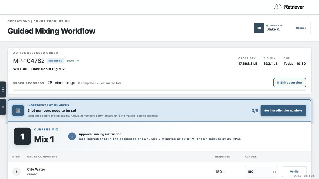 Guided mixing workflow showing an active production order, mix progress, lot controls, and ingredient verification